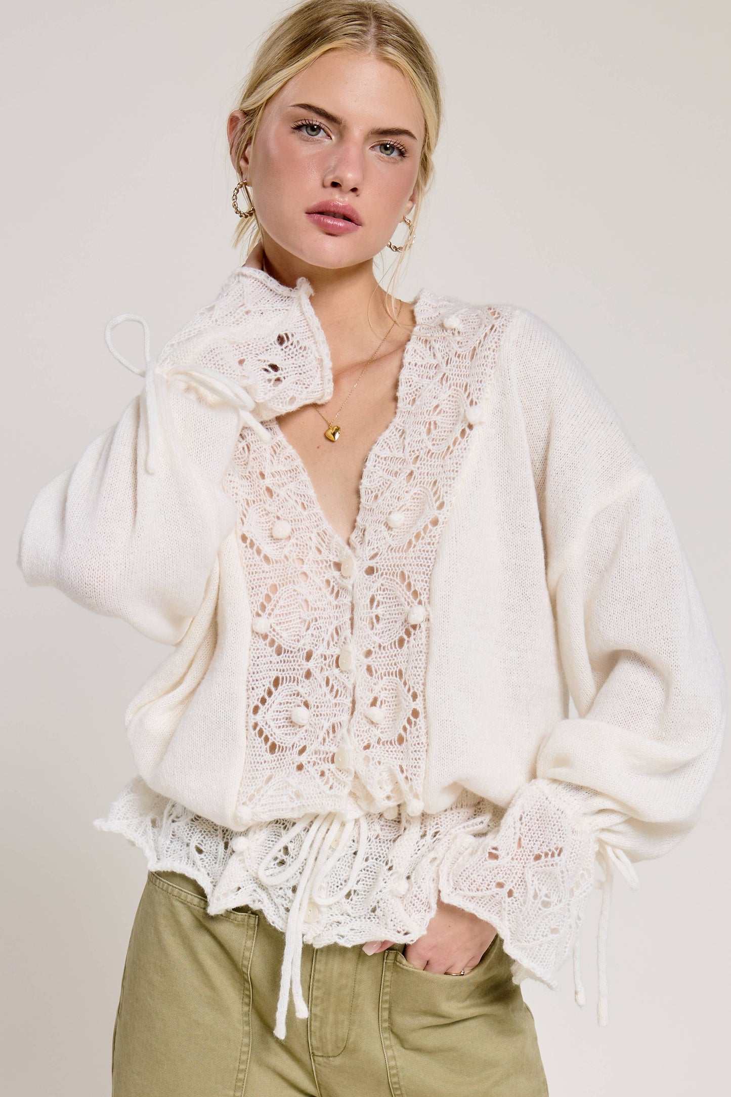 Crochet Lace Trim V Neck Knit Top