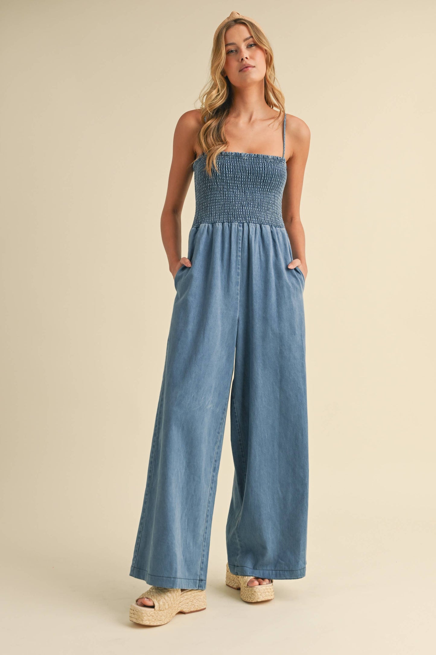 SMOCKED SPAGHETTI STRAP WIDE LEG JUMPSUIT