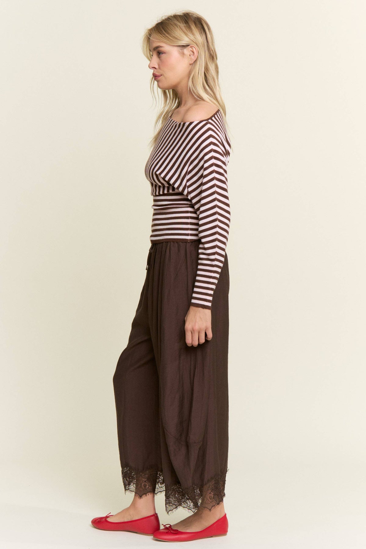 Chocolate Lace-Trim Relaxed Pants