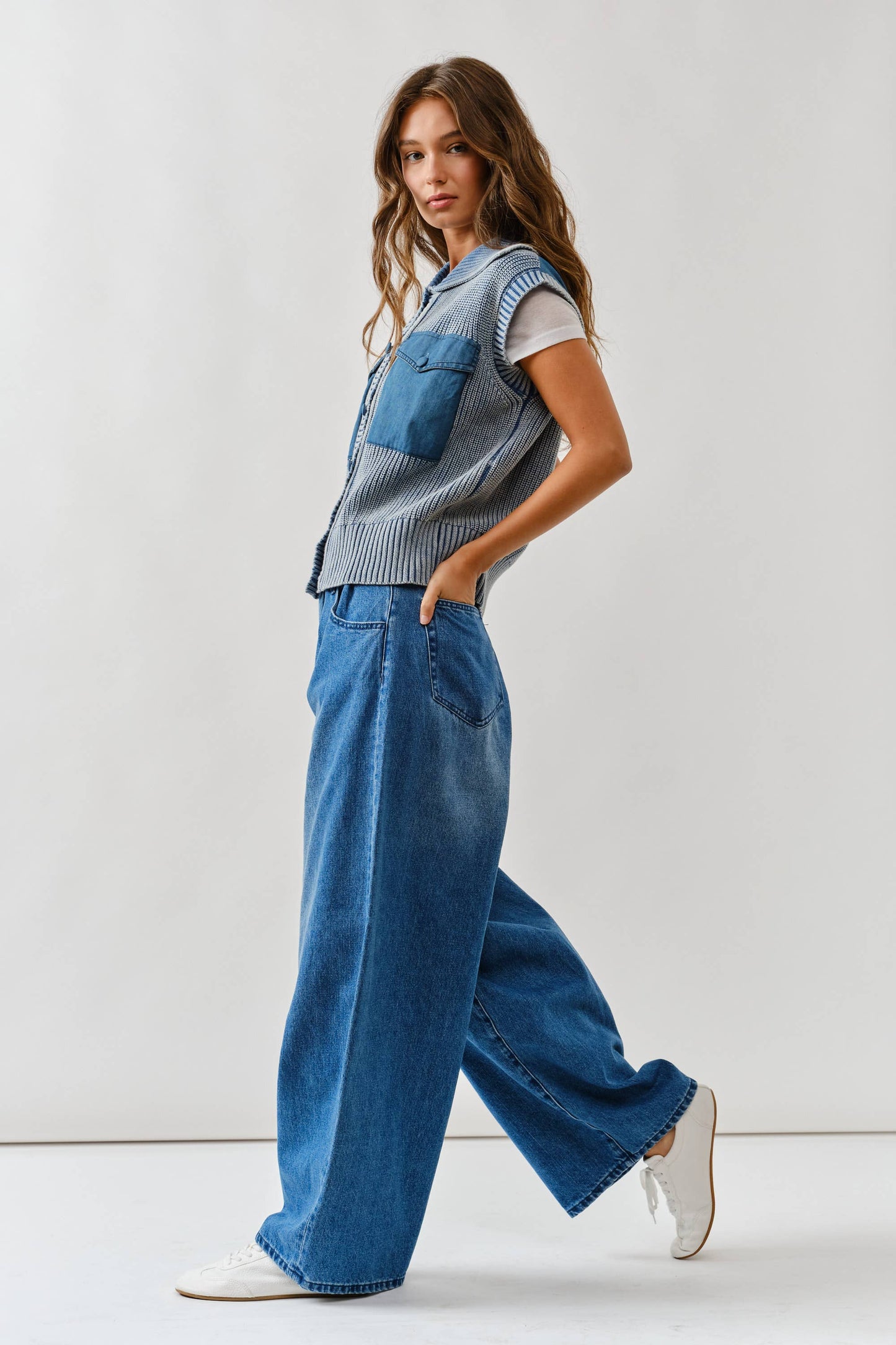 EXTENSION WAIST SOFT DENIM WIDE LEG JEANS