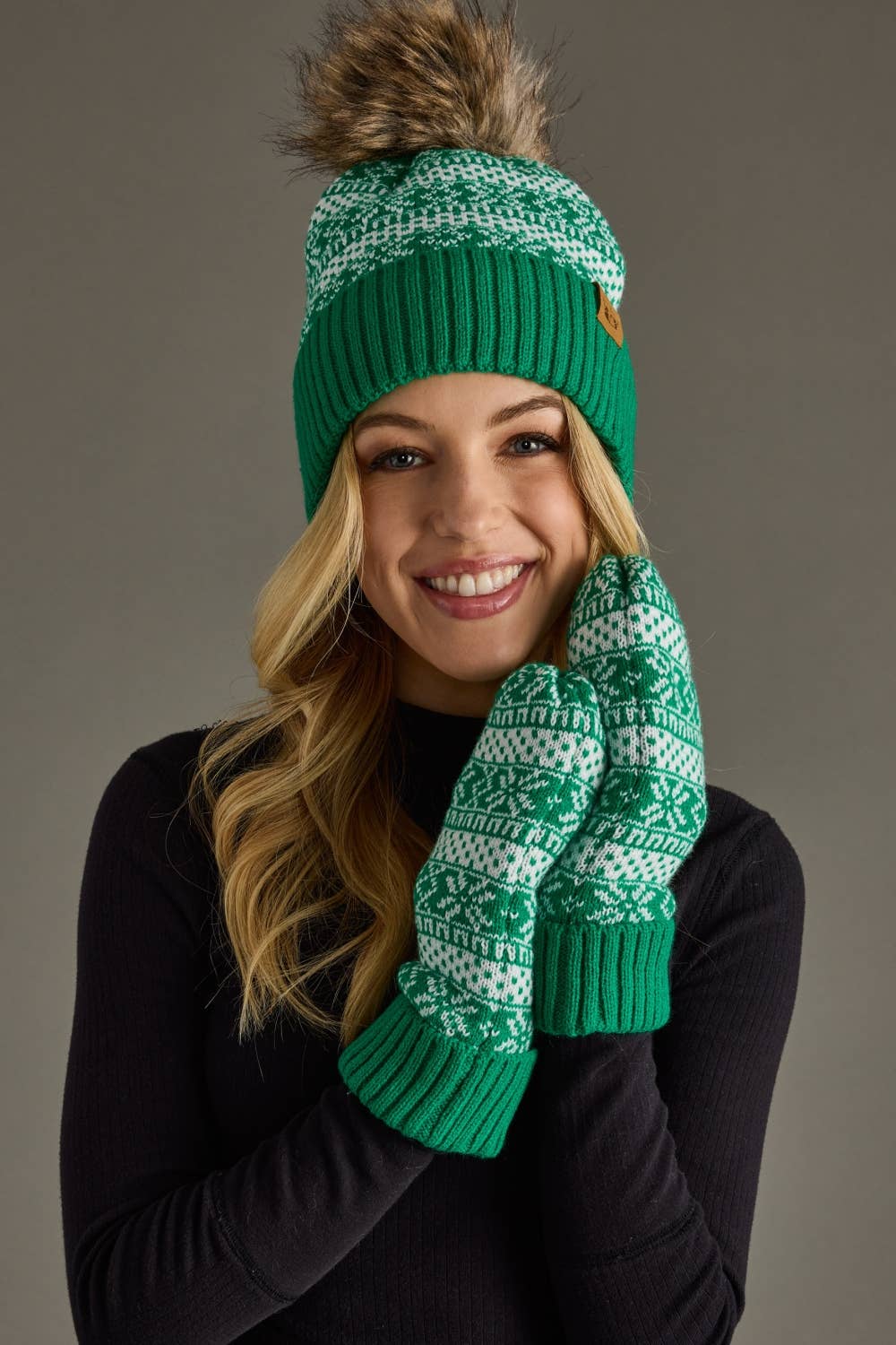Green & White Winter Pattern Pom Hat