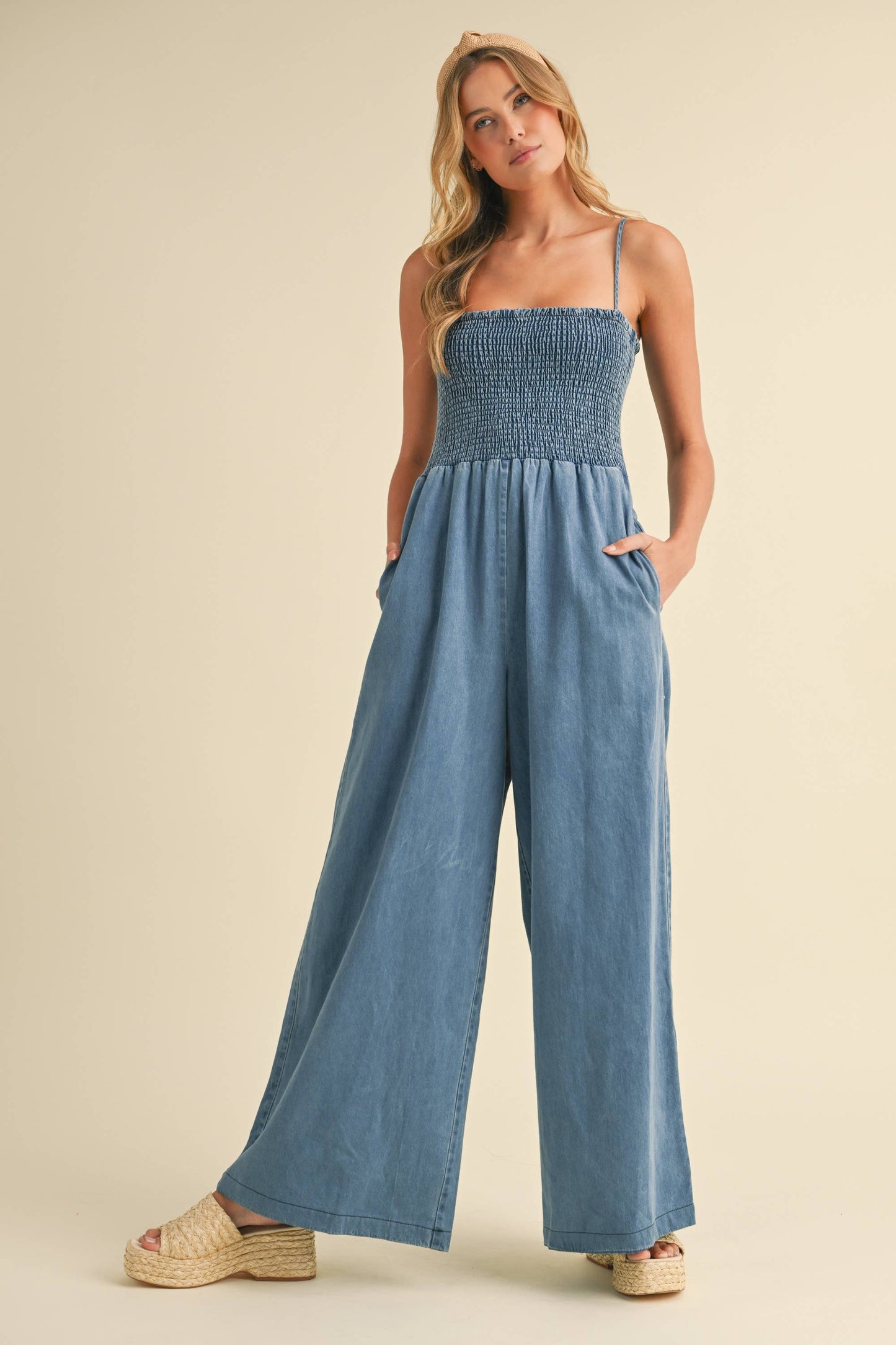 SMOCKED SPAGHETTI STRAP WIDE LEG JUMPSUIT