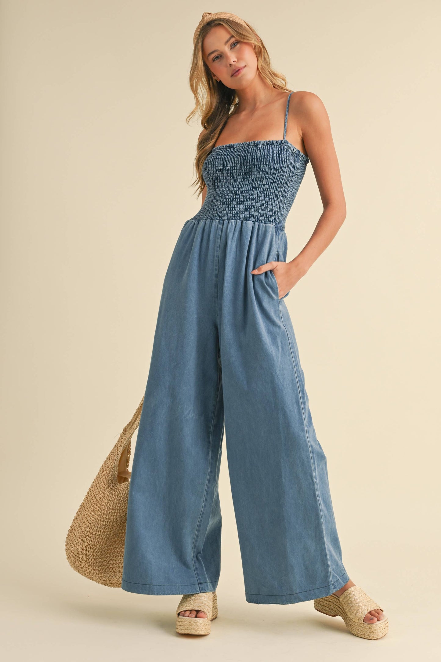 SMOCKED SPAGHETTI STRAP WIDE LEG JUMPSUIT