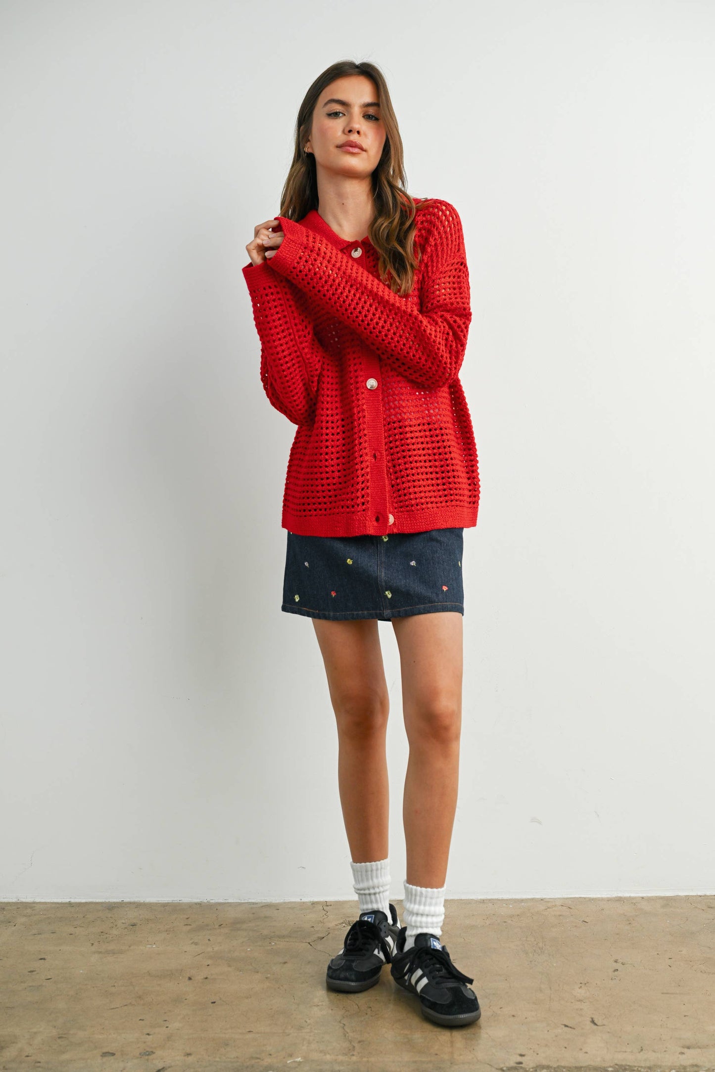 OPEN STITCH CROCHET COLLAR CARDIGAN