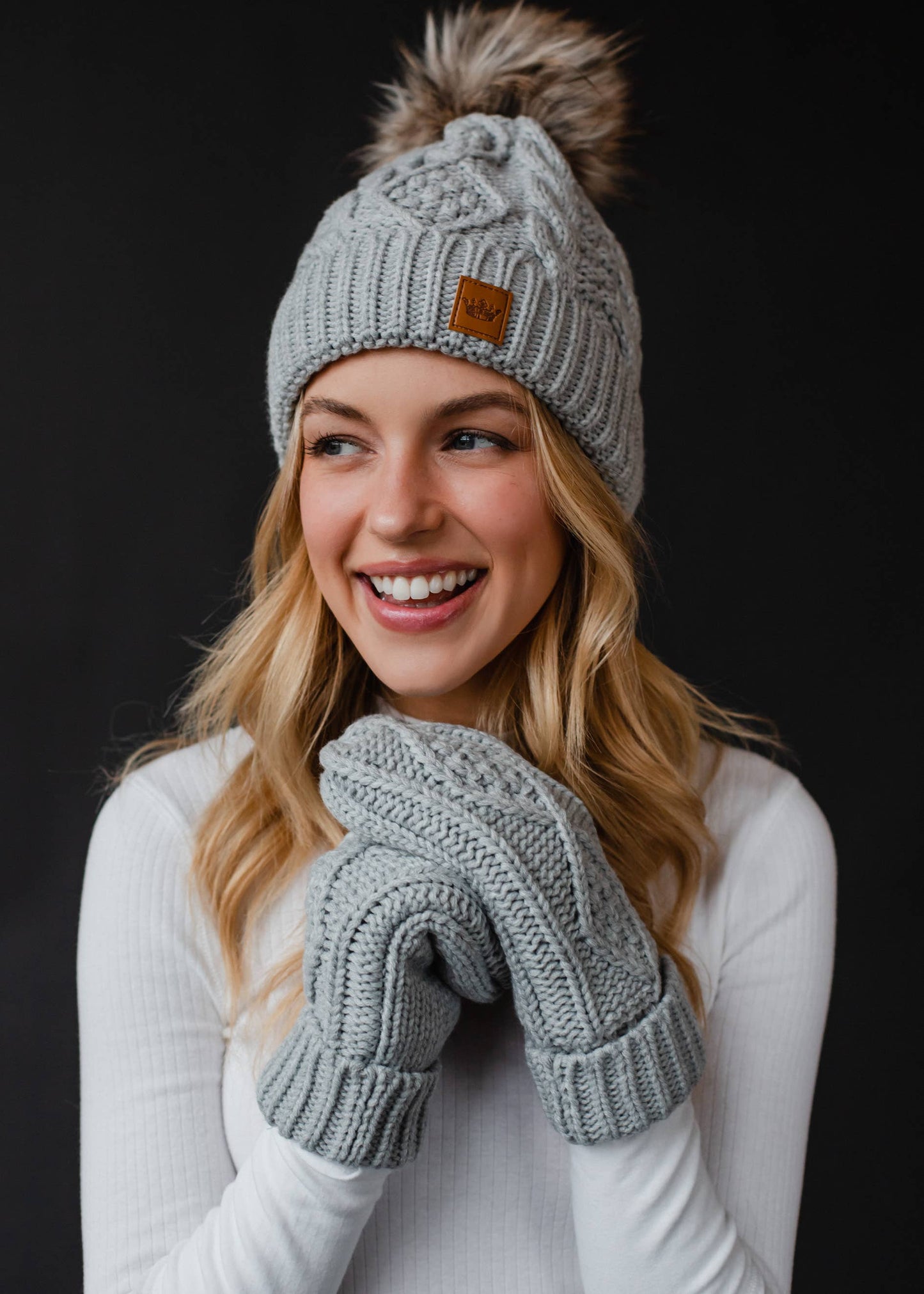 Light Gray Cable Knit Pom Hat
