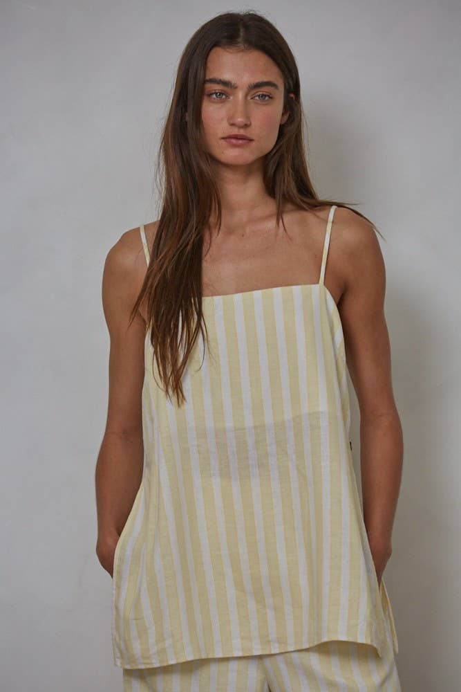 Lemon Linen Cotton Striped Tube Spaghetti Strap Top