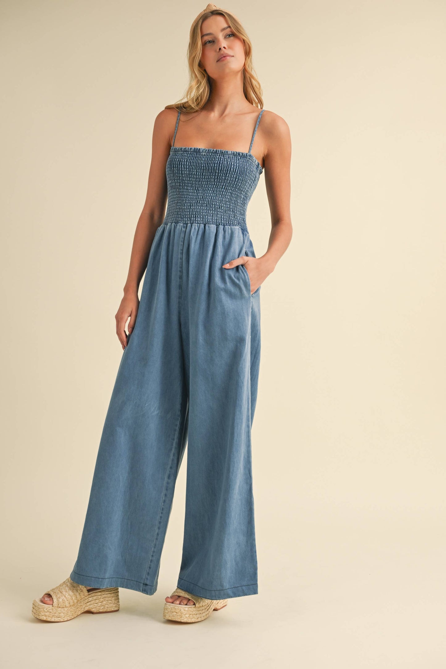 SMOCKED SPAGHETTI STRAP WIDE LEG JUMPSUIT