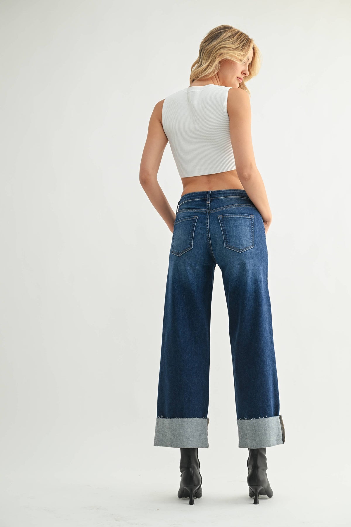 Scissor Cut Cuffed Wide Leg - DARK DENIM