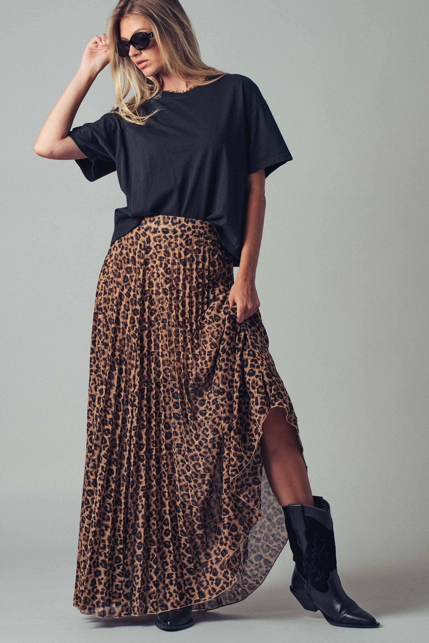 Leopard Print Pleated Flowy A Line Midi Skirt