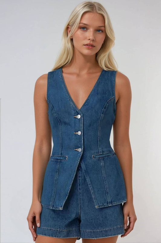 LONGLINE BUTTON UP DENIM VEST TOP