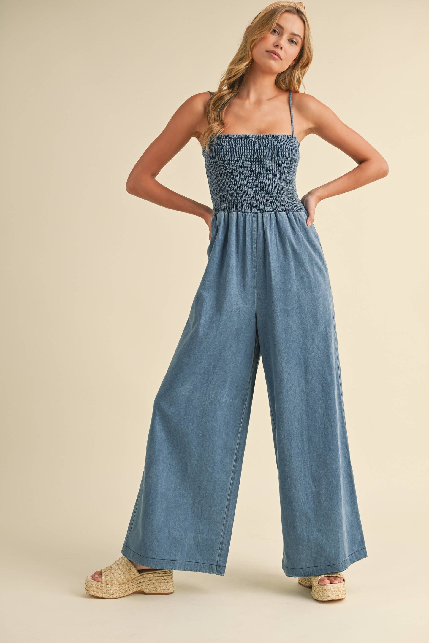 SMOCKED SPAGHETTI STRAP WIDE LEG JUMPSUIT